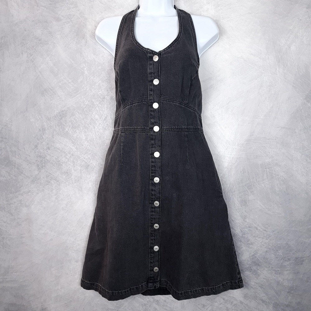 Levi's Dress Womens Medium Black Denim Button Front Halter Sundress Pockets